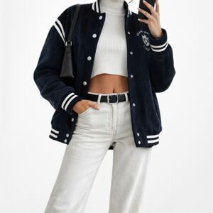 Vintage Y2K Navy Blue White Oversized Varsity Bomber Jacket Size S/M